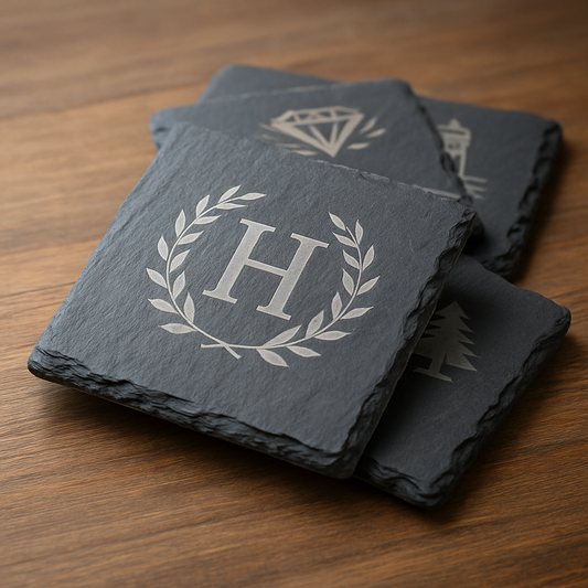 Set of four slate coasters with engraved designs on a wooden surface