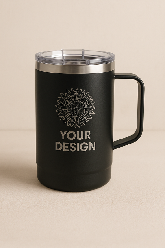 Black insulated mug with sunflower design and 'Your Design' text on a beige background