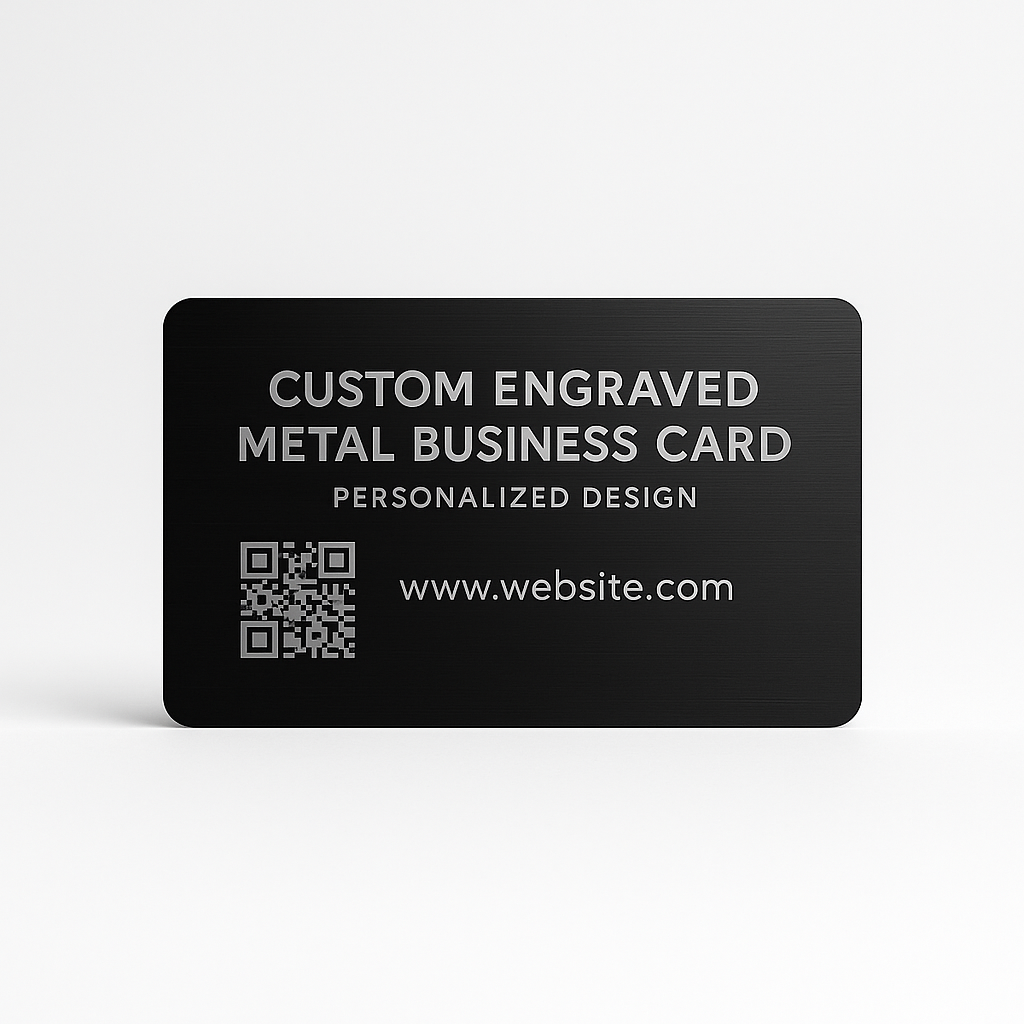 Black custom engraved metal business card with text and QR code on a white background
