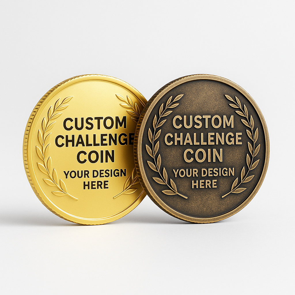 Two custom challenge coins, one golden and one bronze, on a white background.