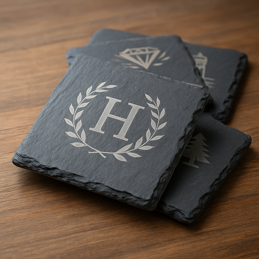 Set of four slate coasters with engraved designs on a wooden surface
